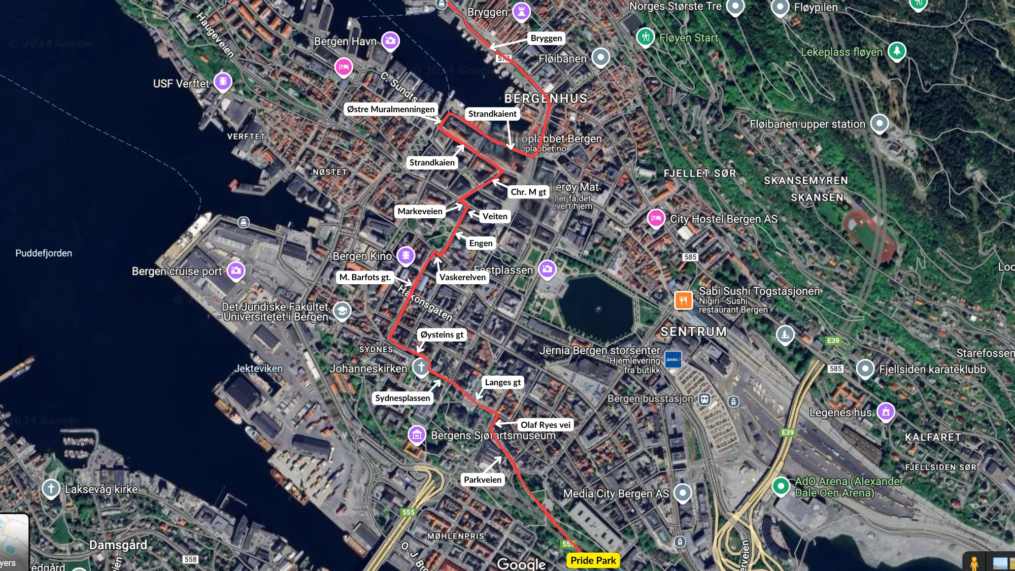 Kart over paraderuten fra Festningskaien og Bryggen gjennom sentrum til Nygårdsparken