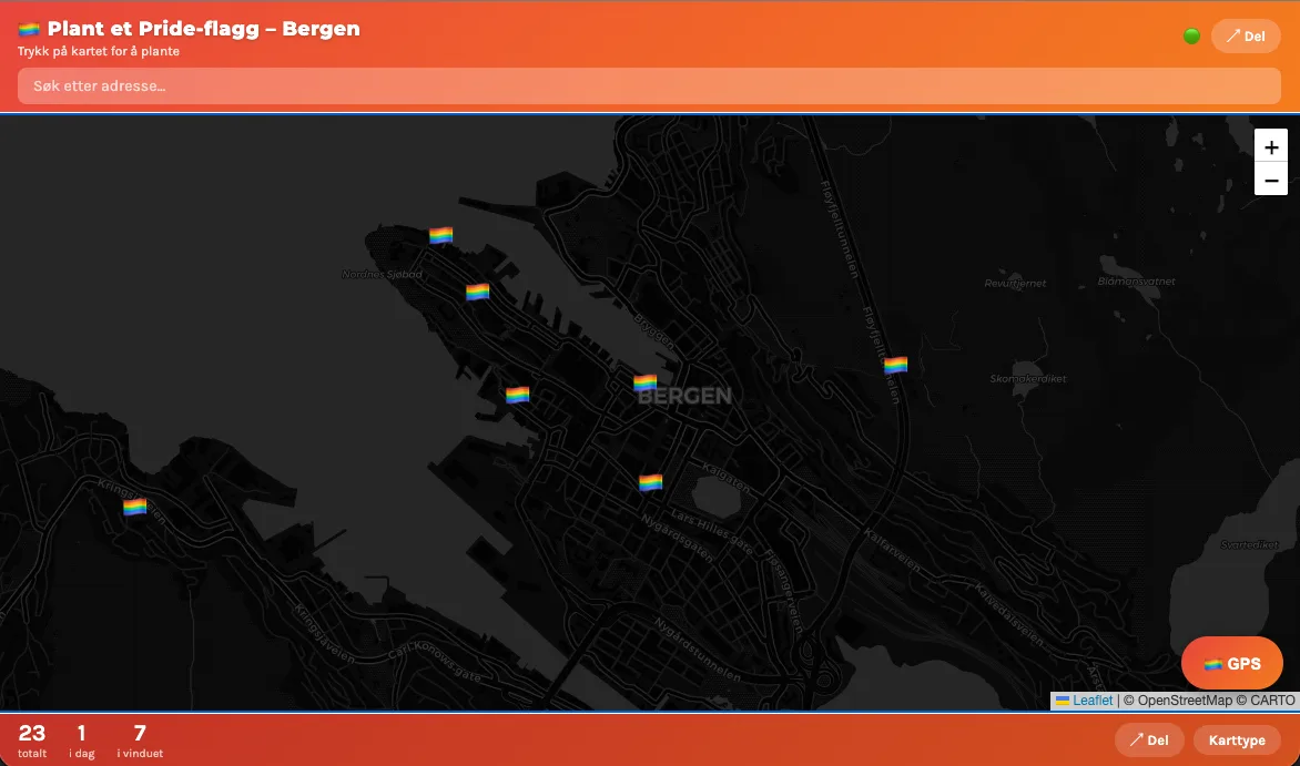 Kart over Bergen med plantede regnbueflagg. Åpne kartet og plant ditt eget.